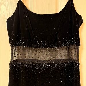 Betsy & Adam Black Velvet Gown Beaded Mesh Waist Maxi Dress Prom Evening